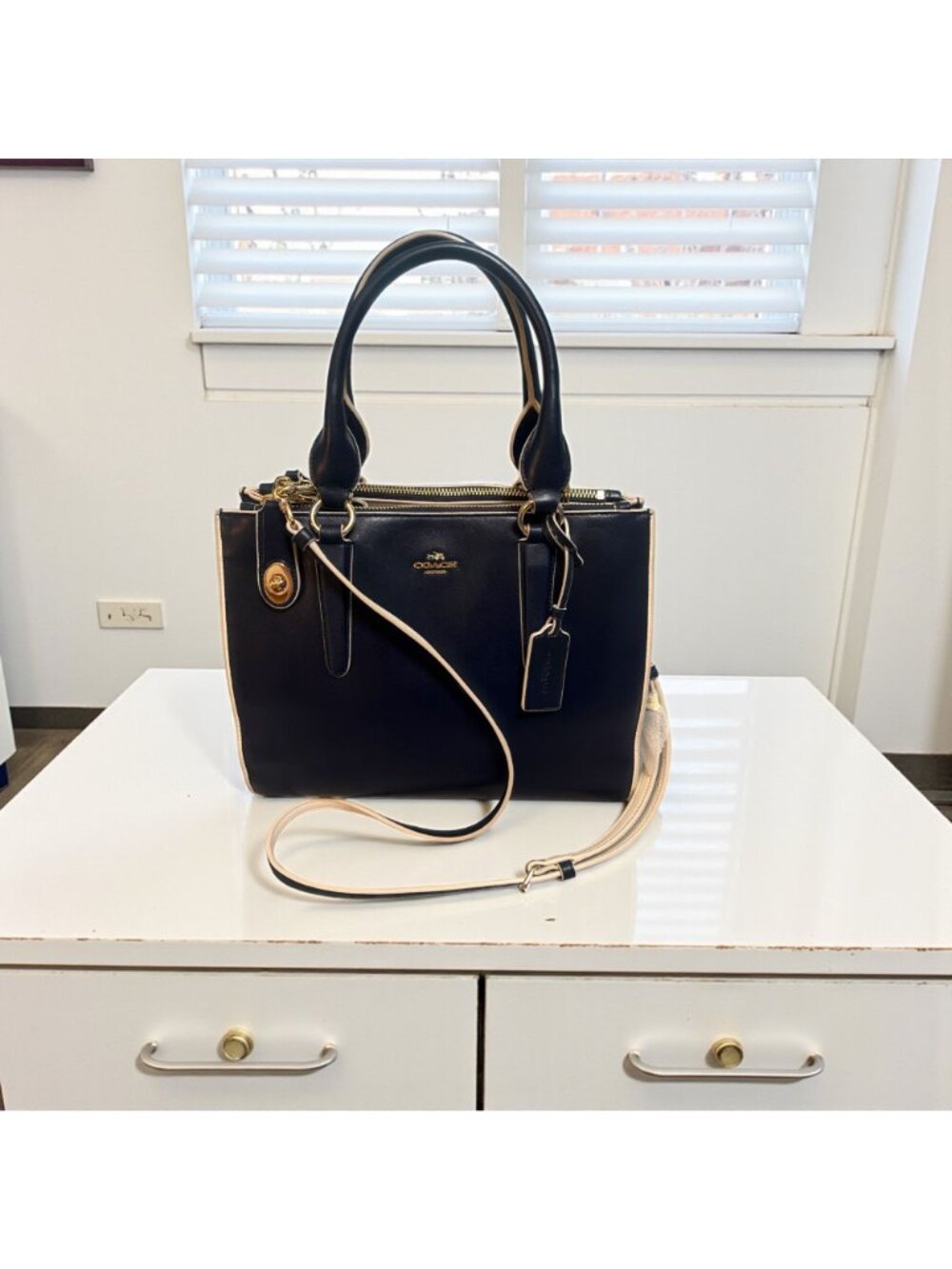 Coach Crosby Carryall 35331 Navy Chalk Colorblock Leather Satchel Gold-tone - Picture 4 of 14